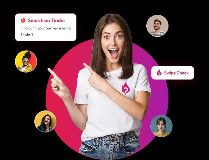 Woman pointing at Tinder profile search results on DoTheySwipe